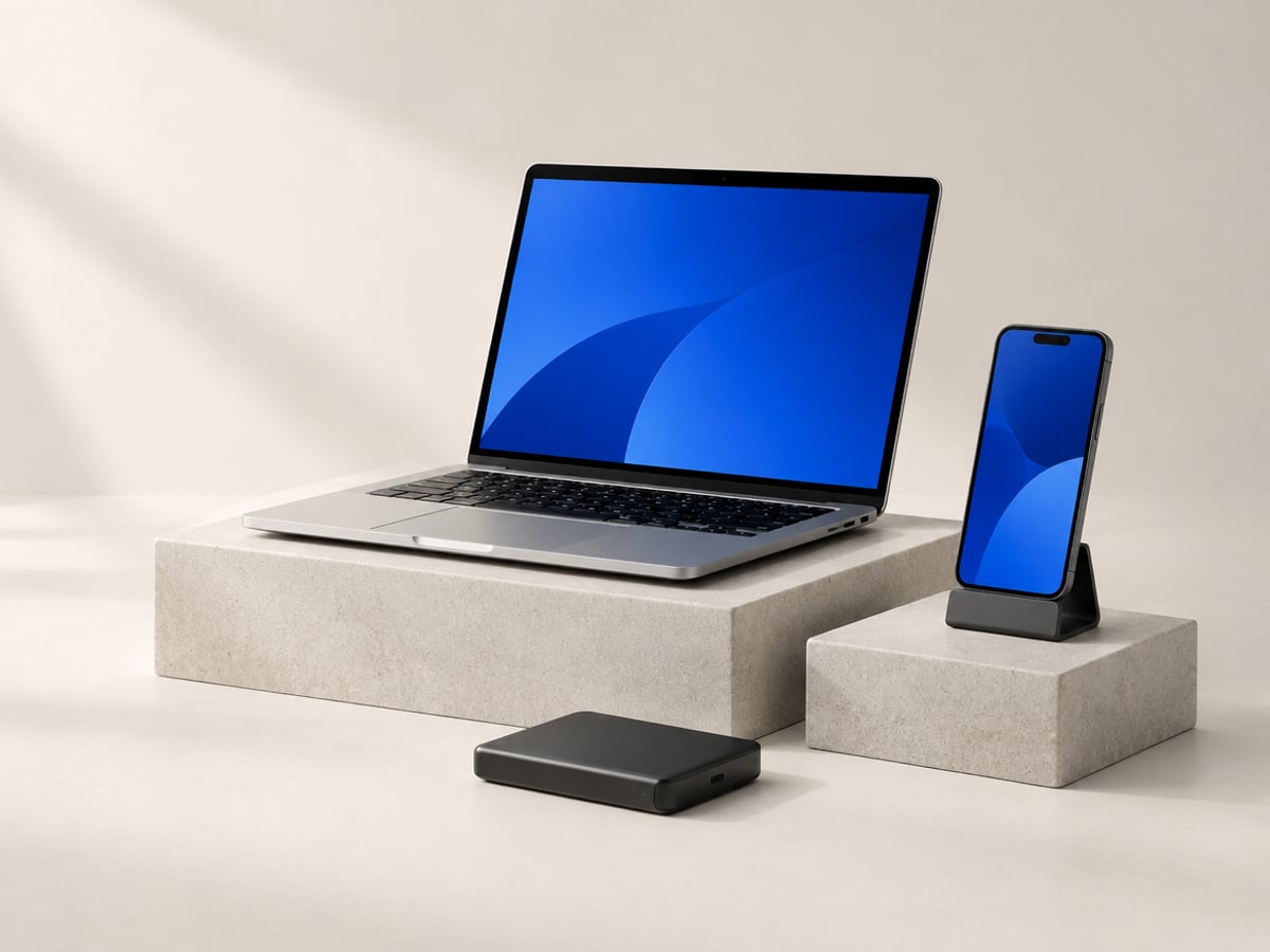 Illustrative Komposition aus Laptop, Smartphone und Datenträger.